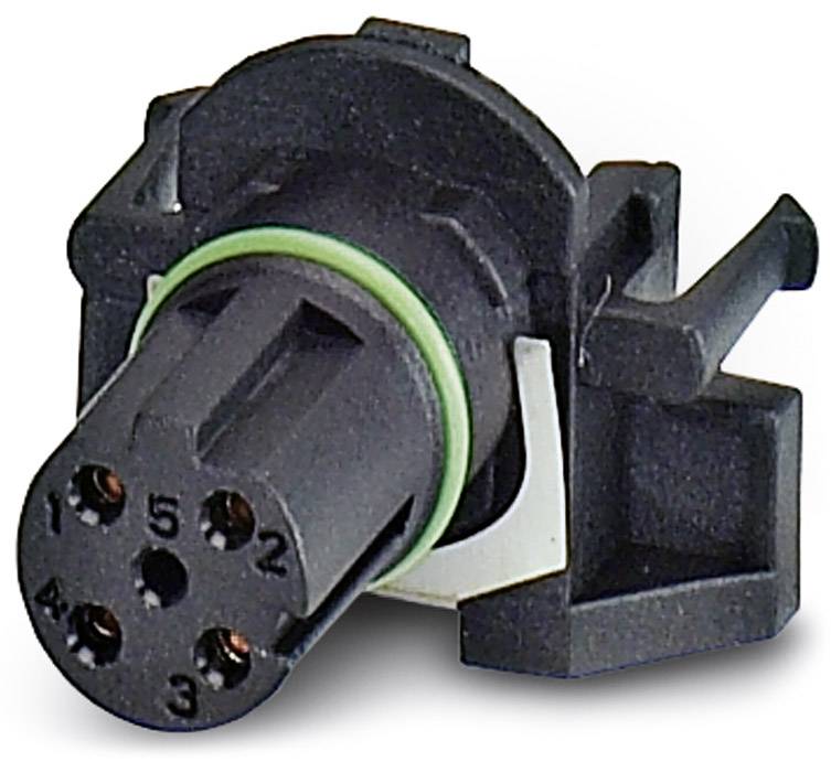 Ein schwarzer fünfpinniger Stecker mit grüner Dichtung und nummerierter Anordnung der Pins.