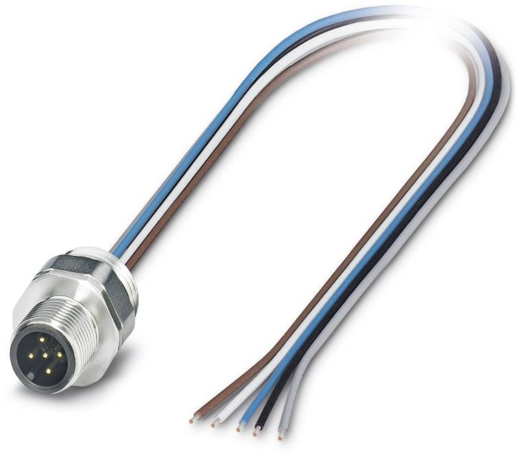 Ein elektrischer Steckverbinder mit sechs Drähten in verschiedenen Farben, die aus einem Metallgehäuse herausführen.