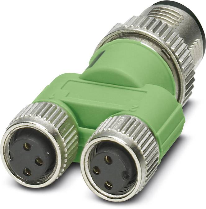 Ein grüner T-förmiger elektrischer Adapter mit zwei runden Steckern, jeweils mit drei Pins, und einem Anschluss auf der anderen Seite.