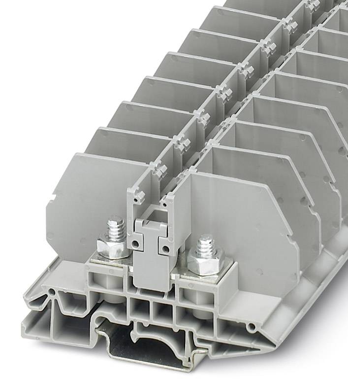 Darstellung eines grauen Industrieterminalblocks mit mehreren Schraubanschlüssen und einem strukturierten Gehäuse aus Kunststoff.
