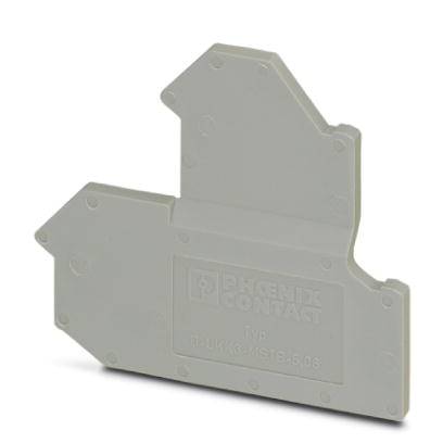 Ein graues Gehäuse eines elektrischen Verbinders von Phoenix Contact, in Form eines unregelmäßigen, flachen Bauteils.