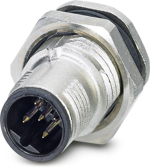 Metallischer Rundsteckverbinder mit mehreren goldfarbenen Stiften, geeignet für industrielle Anwendungen und robuste Verbindungen.
