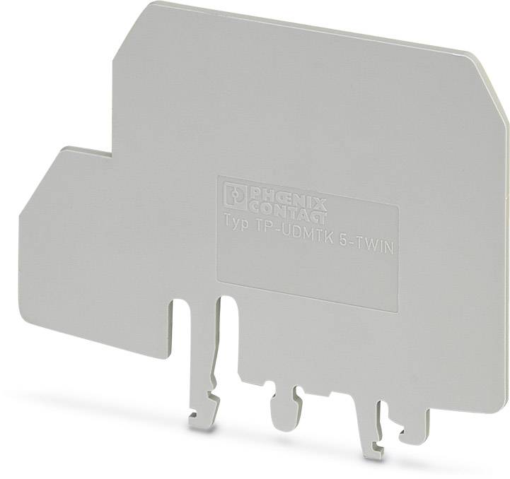 Grauer Kunststoff-Trennwand für elektrische Anwendungen, mit der Aufschrift 'PHOENIX CONTACT Typ TP-UDMTK 5-TWIN', industrielle Nutzung.