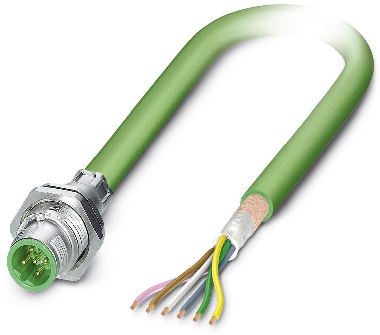 Ein grünes Kabel mit einem Metalldeckel und sechs freiliegenden, farbigen Drähten.