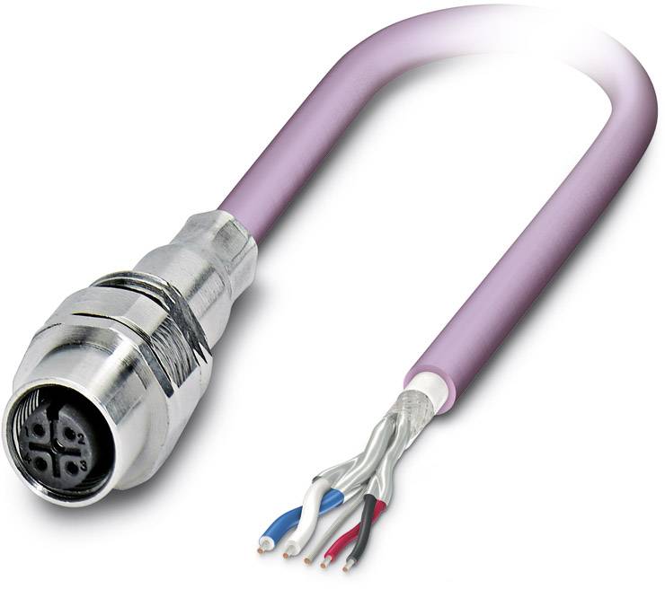 Ein lila, abgeschirmtes Ethernet-Kabel mit einem Stecker an einem Ende und offenen, farbigen Kupferdrähten am anderen Ende.