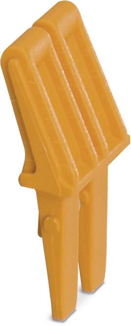 Ein orangefarbener Kunststoff-Bauteil mit zwei langen, parallelen Stiften und einem gerippten Griff oben.