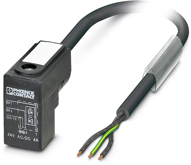 Dreipoliger schwarzer Steckverbinder von Phoenix Contact mit freiliegenden Kupferdrähten. Geeignet für 24V AC/DC, 4A.