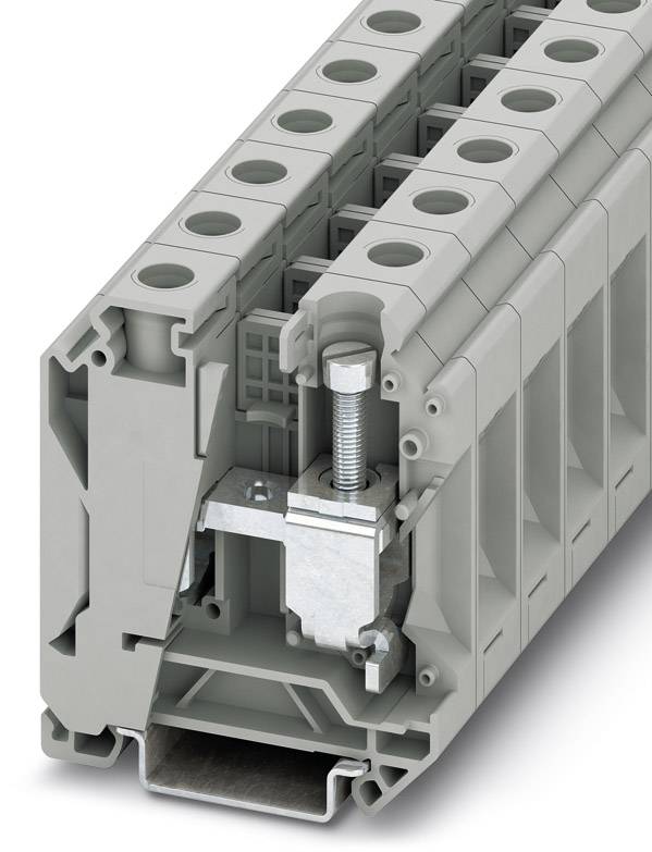 Ein grauer Klemmenblock für elektrische Verbindungen, mit Sicht auf Metallelemente im Inneren, zeigt technische Details der Bauweise.