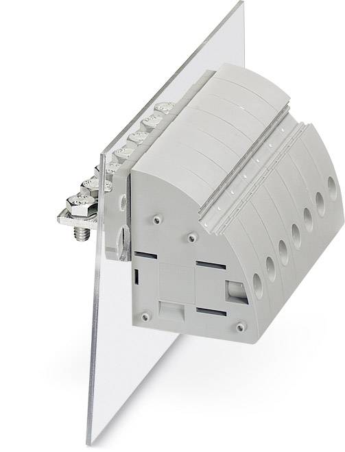 Ein graues elektrisches Anschlussblockmodul mit mehreren Kabelanschlüssen, seitlich an einer durchsichtigen Platte montiert.