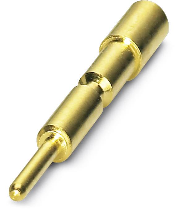 Ein goldfarbener elektrischer Kontaktstift mit einem zylindrischen Körper und einer längeren Spitze, verwendet in Steckverbindungen.