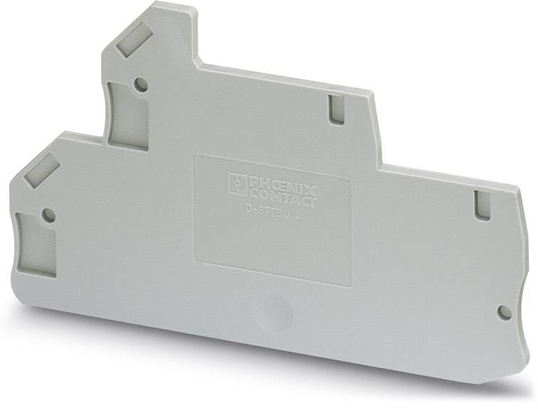 Ein graues elektrisches Trennwandelement aus Kunststoff, das Teil eines Reihenklemmen-Verbindungssystems von Phoenix Contact darstellt.