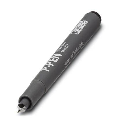 Grauer Permanentmarker mit feiner Spitze und silberner Kappe, auf der 'P-PEN' steht. Ideal zum Schreiben und Markieren auf Papier.