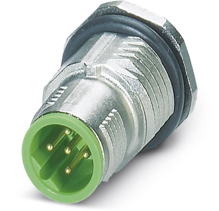 Metallischer Steckverbinder mit grünem Kunststoffende und mehreren Metallstiften. Verwendet für industrielle Kabelverbindungen.