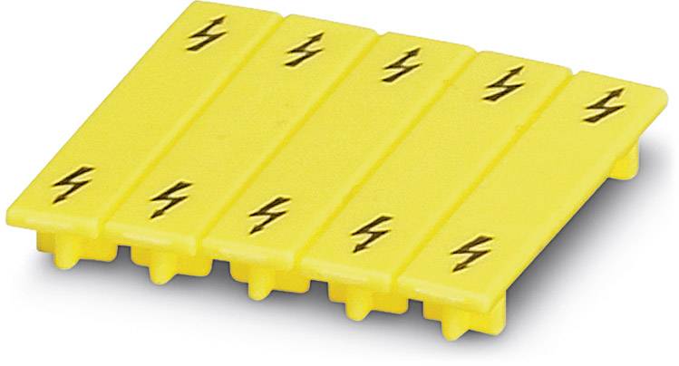 Gelbes Plastikteil mit fünf parallelen Streifen, jeweils mit einem schwarzen Blitzsymbol versehen.