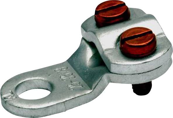 Ein silberfarbener Kabelschuh mit zwei roten Schrauben zur Befestigung von elektrischen Leitungen, isoliertes Metall.