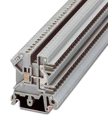 Ein grauer Reihenklemmenblock für elektrische Verkabelung, zeigt die Anschlüsse und den modularen Aufbau für die Verbindung von Drähten.