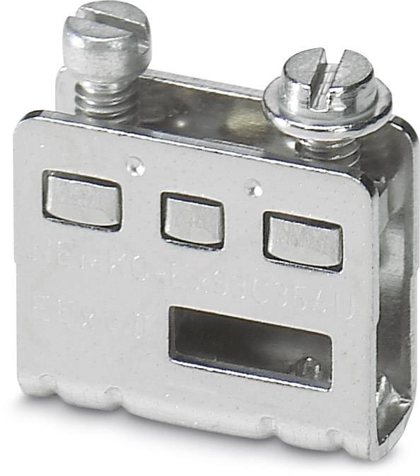 Ein Metallklemmenblock mit zwei Schrauben, verwendet für elektrische Verbindungen. Oben sind zwei Schlitze zur Drahtbefestigung.