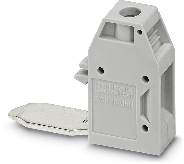 Ein grauer Endhalter AGK 10/UKH von Phoenix Contact mit Metallhebel, zur Montage auf einer Hutschiene in elektrischen Verteilerkästen.