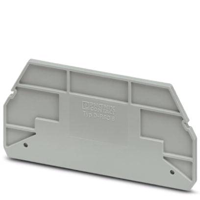 Graues Kunststoff-Endstück für einen Reihenklemmenblock, gekennzeichnet mit 'Phoenix Contact, Typ D-PTSB 2.5'.