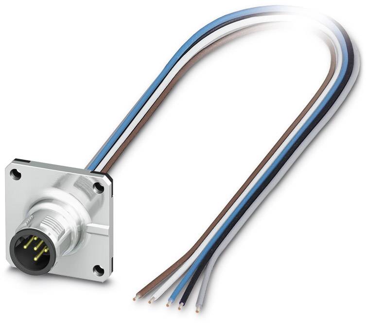 Ein rechteckiger Steckverbinder mit vier farbigen Kabeln: schwarz, braun, blau und weiß. Geeignet für elektrische Verbindungen.