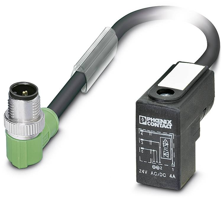 Schwarzes elektrisches Relais von Phoenix Contact mit grüner und metallischer Kabelverbindung, spezifiziert für 24V AC/DC und 4A.