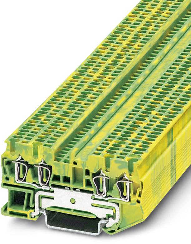 Das Bild zeigt eine gelb-grün farbige elektrische Klemmenleiste mit mehreren Anschlüssen und Markierungen auf der Oberseite.