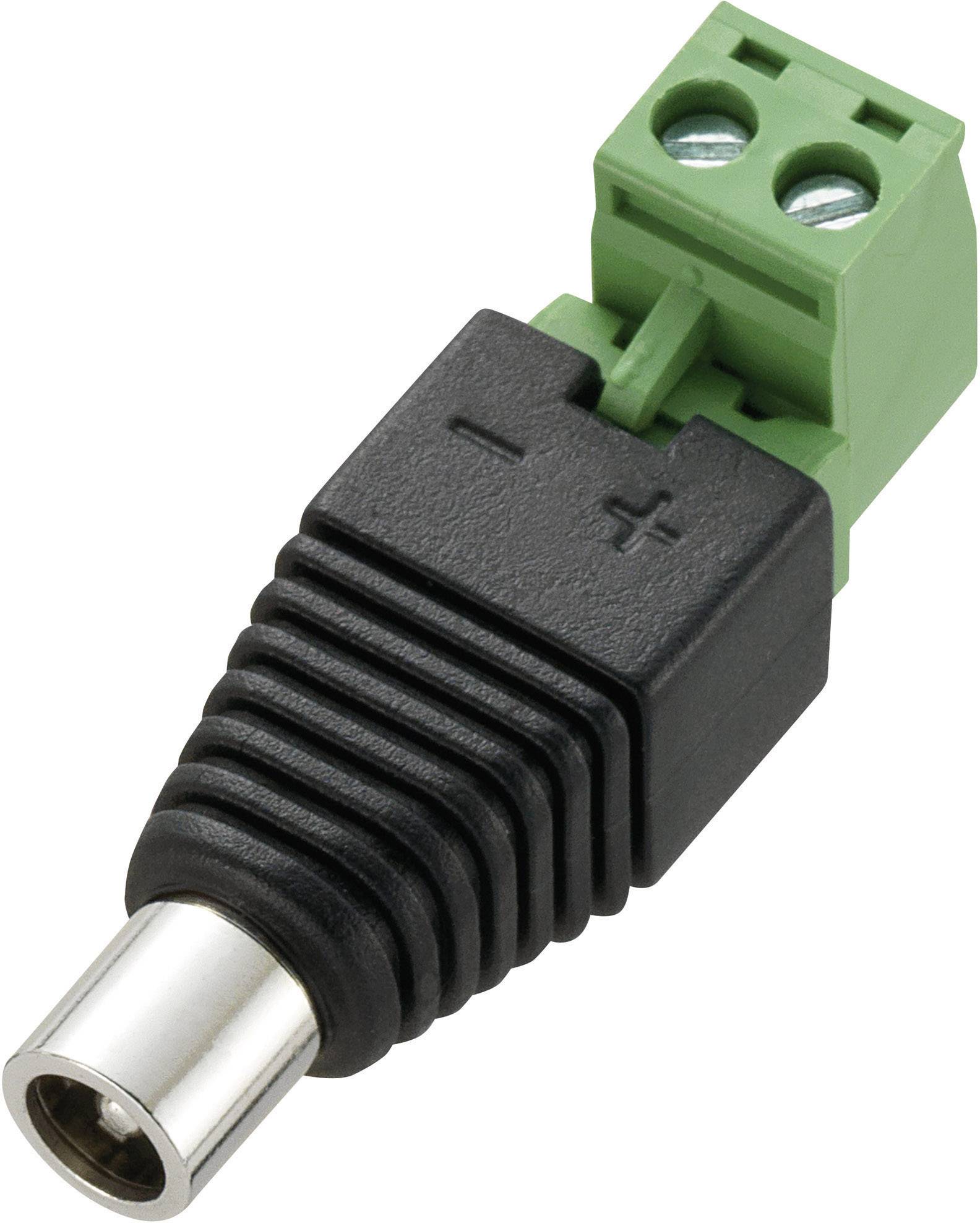 Ein schwarzer und grüner Steckeradapter mit einem Koaxialstecker auf der einen und zwei Schraubklemmen auf der anderen Seite.