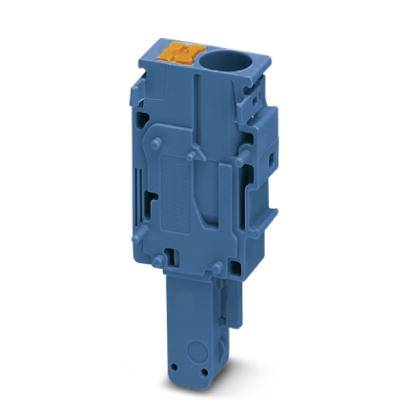 Blaues, kastenförmiges elektronisches Bauelement mit orangenem Detail, möglicherweise ein Steckverbinder oder Terminalblock.