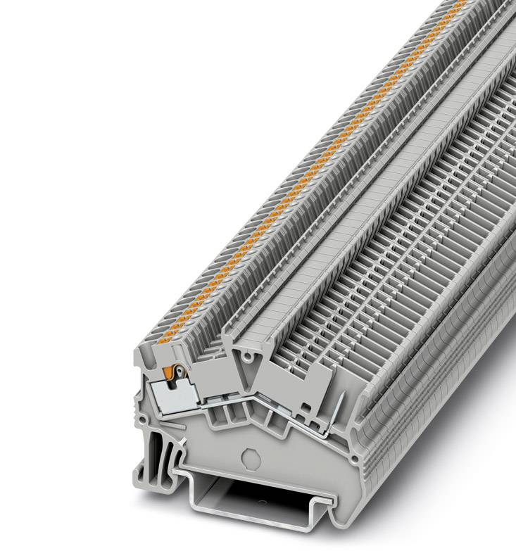Ein graues Reihenklemmen-Modul mit vielen Anschlussstellen, das für Schaltschrankinstallationen verwendet wird.