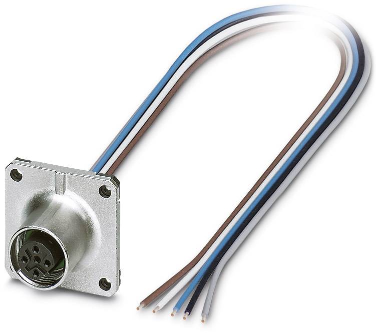 Eine runde elektrische Steckdose mit vier farbigen Drähten in Blau, Schwarz, Braun und Grau ragt aus der Rückseite heraus.