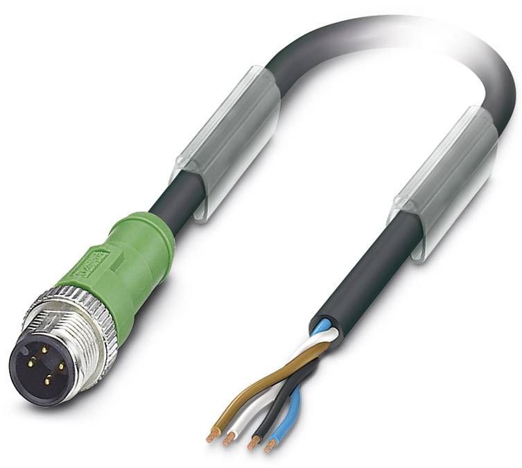 Schwarzes Kabel mit grünem Steckverbinder und freigelegten Kupferdrähten an einem Ende. Das Kabel hat eine maschinelle Anwendung.