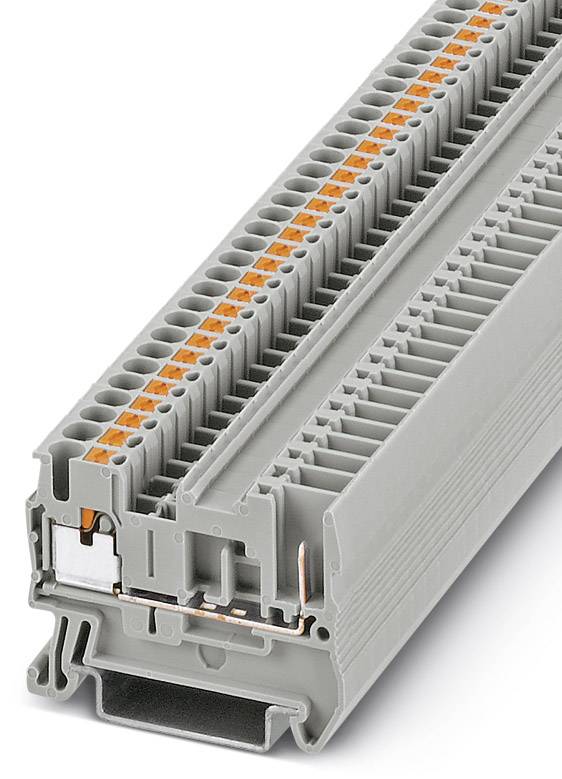 Graues Reihenklemmenmodul mit orangefarbenen Anschlüssen, verwendet in elektrischen Schaltschränken für sichere Verdrahtungsanwendungen.
