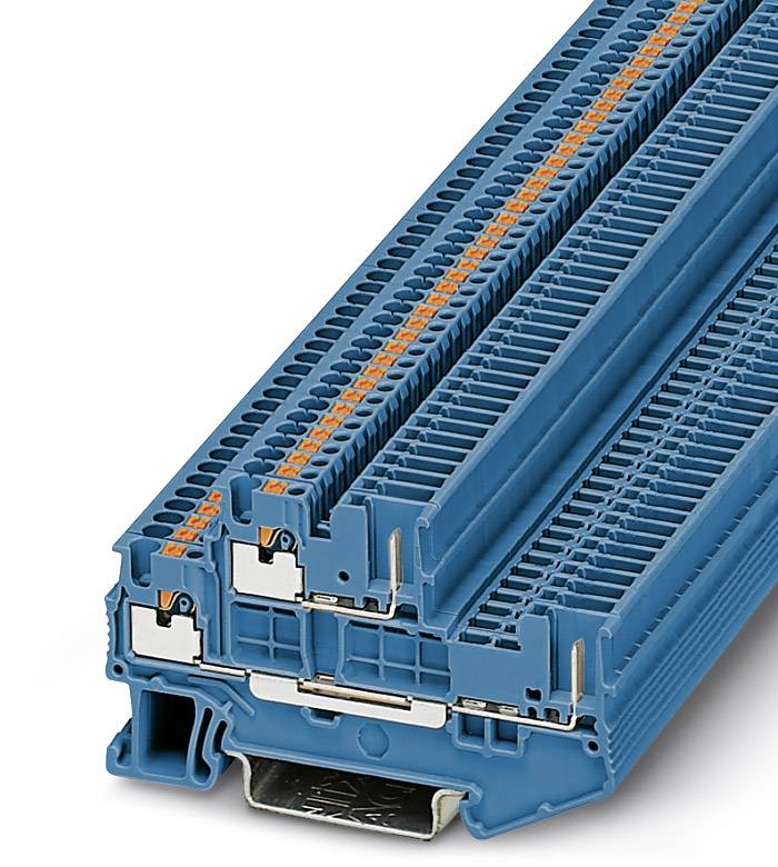 Blauer Reihenklemmenblock mit orangen Verbindungselementen, verwendet in der Elektrotechnik für stabile Drahtverbindungen.