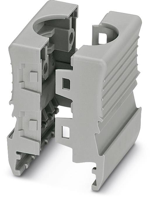 Graues Kunststoffteil, bestehend aus zwei Hälften mit Rillen und Halterungen, möglicherweise Teil eines elektrischen oder mechanischen Systems.
