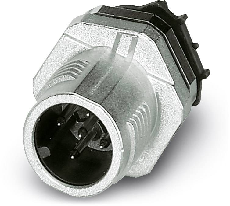 Ein silberner, sechseckiger Stecker mit mehreren Stiften. Er wird in elektronischen Geräten zur Verbindung genutzt.