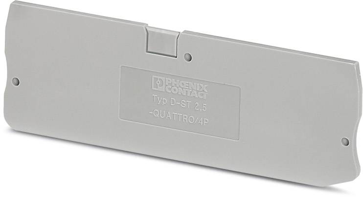 Graues Abschlusselement von Phoenix Contact, Typ D-ST 2.5 - QUATTRO/4P. Rechteckige Form mit Befestigungspunkten an den Seiten.