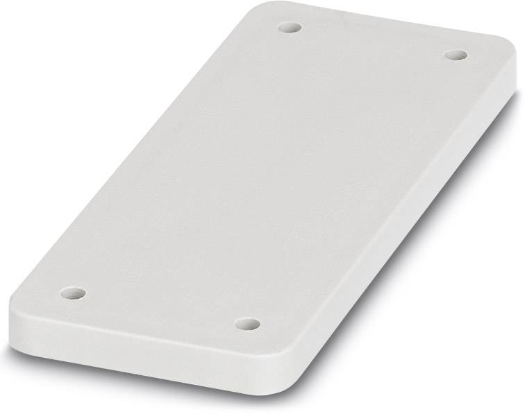 Rechteckige, graue Kunststoffplatte mit abgerundeten Ecken und vier Bohrlöchern an den Ecken.
