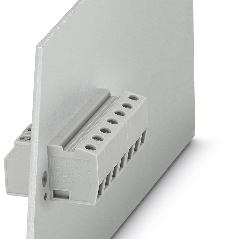 Eine graue Kunststoffklemme auf einer Platte, geeignet für elektrische Verbindungen, mit sechs Anschlusslöchern und technischer Beschriftung.