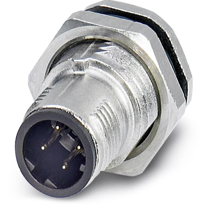 Ein runder Metallstecker mit mehreren goldenen Kontakten, umgeben von einem gerändelten Außenring, geeignet für industrielle Anwendungen.