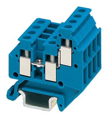 Ein blauer elektrischer Klemmenblock mit mehreren Anschlussmöglichkeiten, geeignet zur sicheren Befestigung von Drähten in Schaltkreisen.