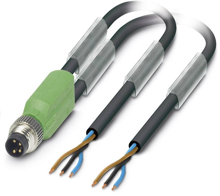Ein grüner M8-Steckverbinder ist mit zwei schwarzen Kabeln mit offenen Drahtenden verbunden, die elektrische Leitungen darstellen.