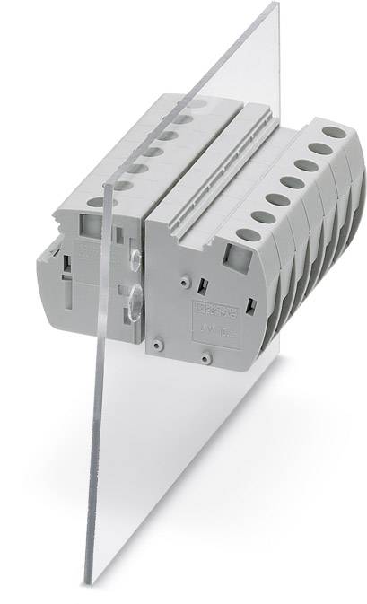 Ein graues, modulares Steckverbindersystem ist seitlich an einer transparenten Trennwand montiert, mit sechs Anschlussbuchsen sichtbar.