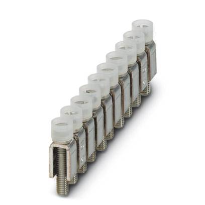 Eine Reihe von weißen Klemmen mit Schrauben für elektrische Anschlüsse.