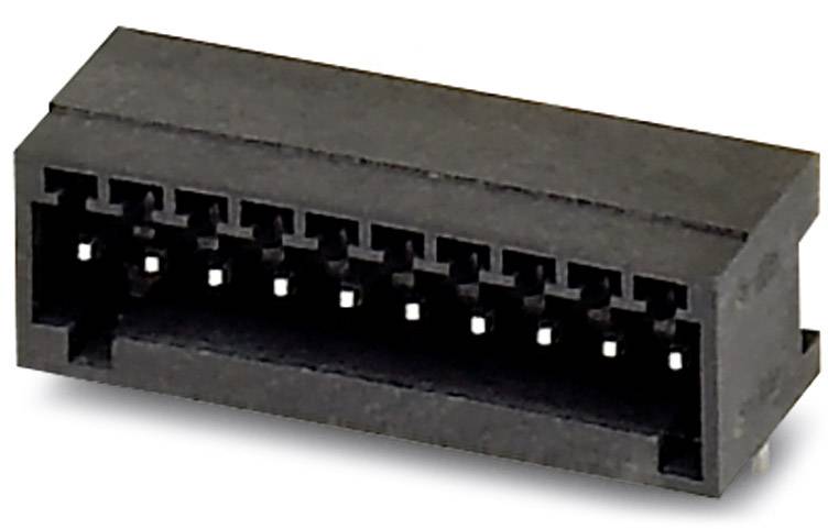 Schwarzer 2x7-poliger Buchsenstecker aus Kunststoff, horizontal angeordnet. Verwendet für elektrische Verbindungen auf Leiterplatten.