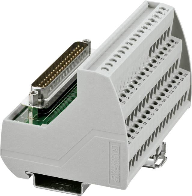 Graues elektrisches Anschlussmodul mit mehreren Reihen von Klemmen und einem Steckeranschluss, Marke erkennbar, auf weißem Hintergrund.