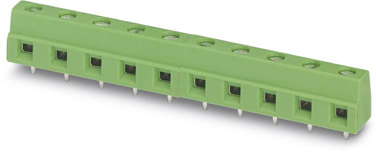Grüner Steckverbinder mit zehn Anschlussklemmen, horizontale Anordnung, geeignet für elektrische Verbindungen auf einer Leiterplatte.