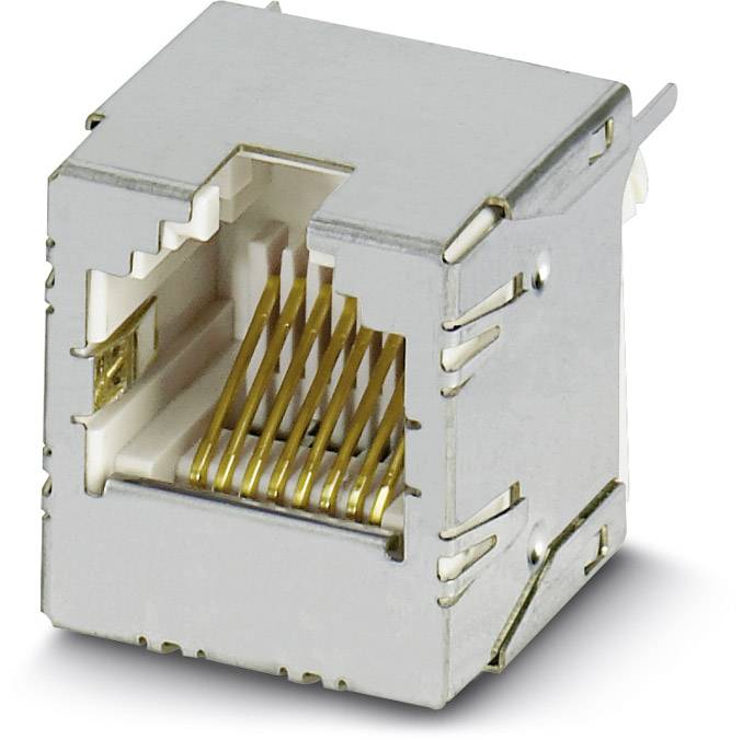 RJ45-Netzwerkanschluss mit vergoldeten Kontakten, geeignet für Ethernet-Kabel. Verwendet in Computernetzwerken zur Datenübertragung.