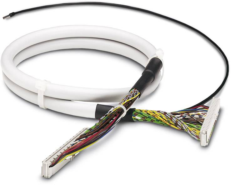 Ein aufgewickeltes, geschirmtes Kabel mit vielen bunten Drähten und zwei Steckerenden.