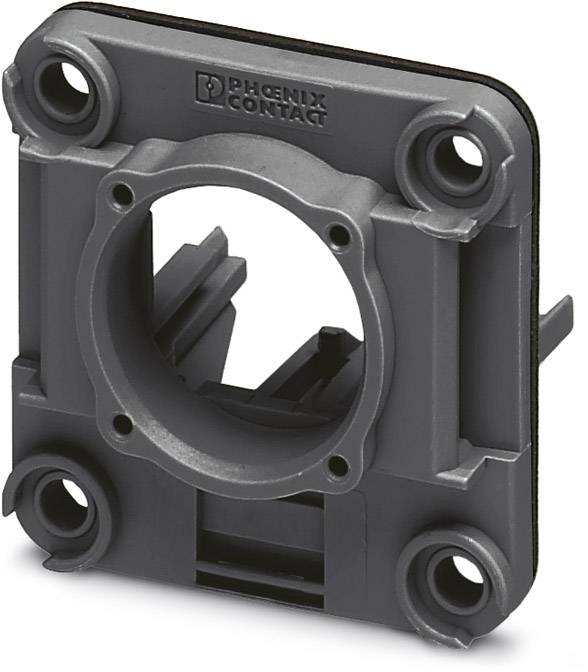 Schwarzer Kunststoffhalter mit einem zentralen, runden Ausschnitt und vier Befestigungslöchern. Geeignet für elektrische Bauteile.