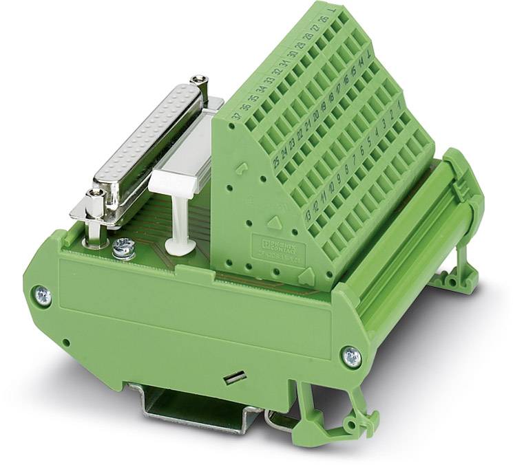 Ein grüner elektrischer Steckverbinder mit nummerierten Klemmen, seitlicher D-Sub-Stecker und Halterungen zur Befestigung.